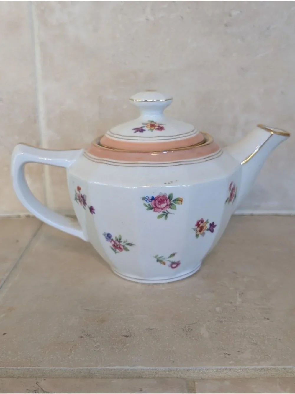 Vintage Faceted Porcelain Teapot MCM Floral Pattern Gold Gilt Trim Elegant